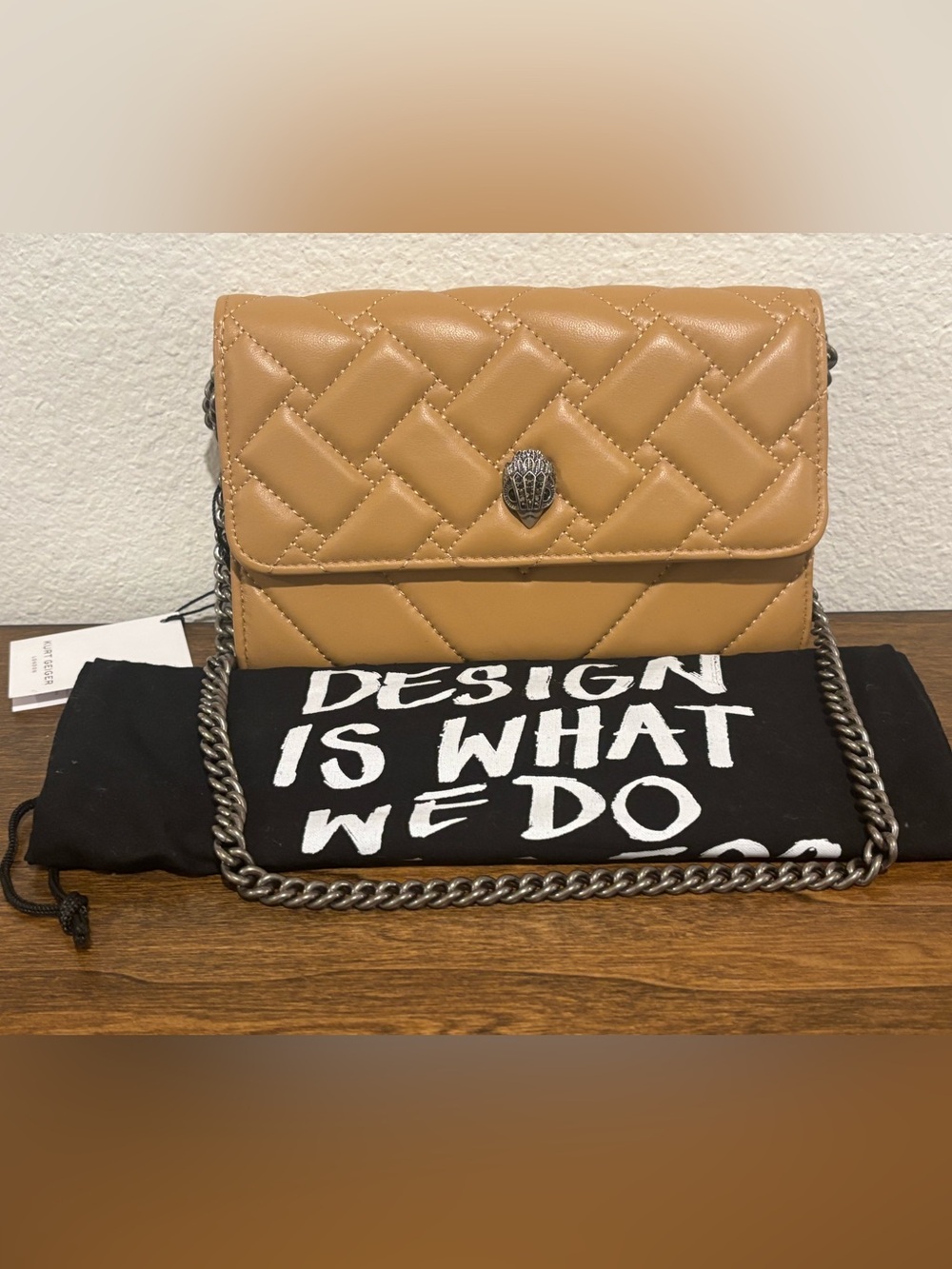Kurt Geiger Quilted Crossbody Bag in Tan with Gun Metal Chain - Picture 2 of 12